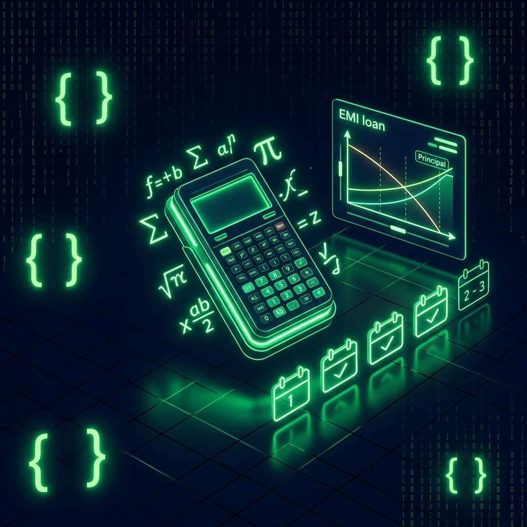 A calculator with the EMI loan formula, a reducing-balance graph showing principal falling, and monthly instalment calendars — how is EMI calculated