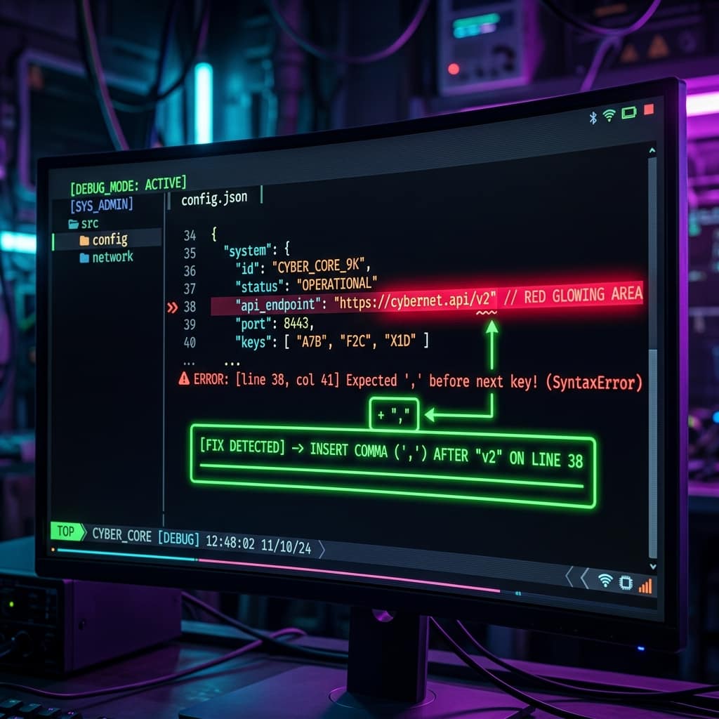 Code editor showing a config.json file with a highlighted syntax error on line 38 and a fix suggesting a missing comma — how to fix invalid JSON errors