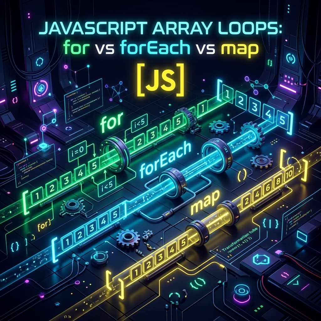 Three neon pipelines comparing JavaScript array loops — for and forEach passing [1,2,3,4,5] through unchanged while map transforms it into [2,4,6,8,10]