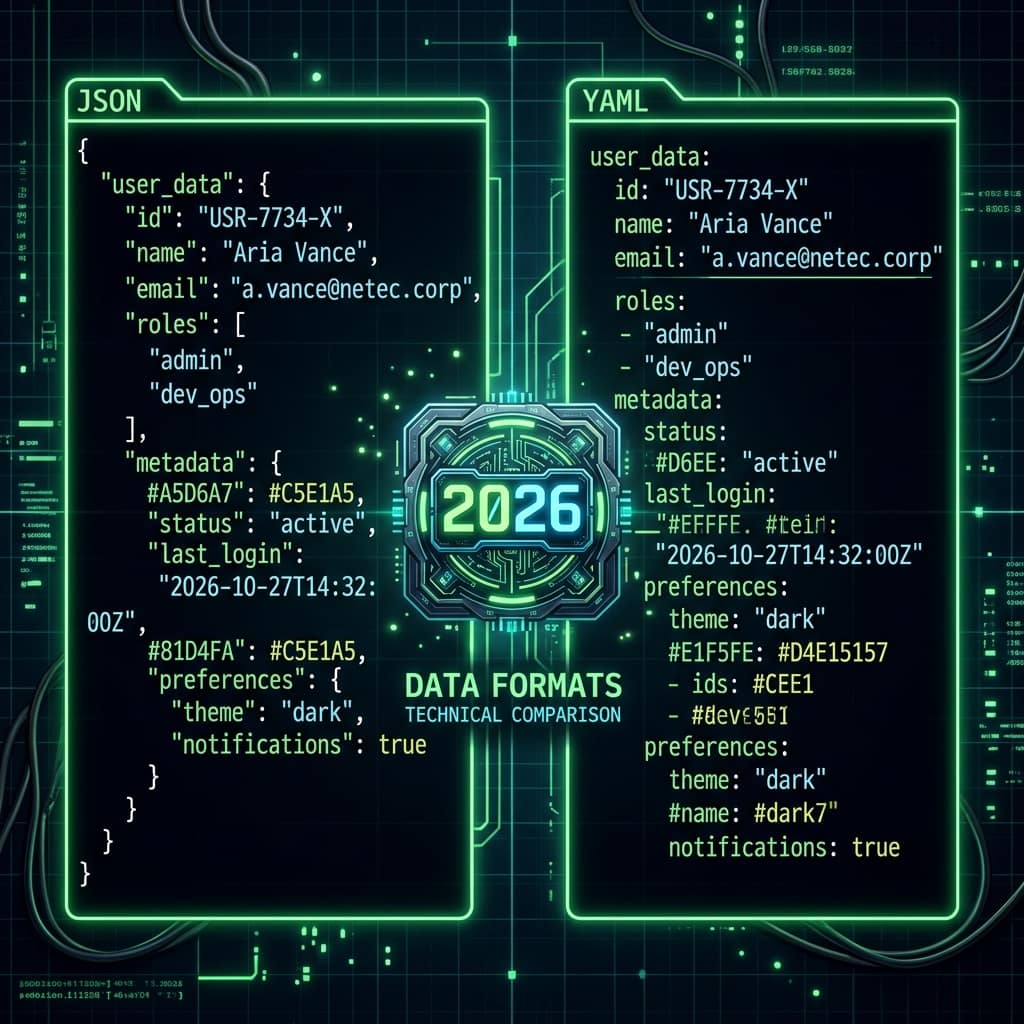 Side-by-side comparison of the same user data written in JSON with braces and quotes versus YAML with clean indentation — JSON vs YAML in 2026