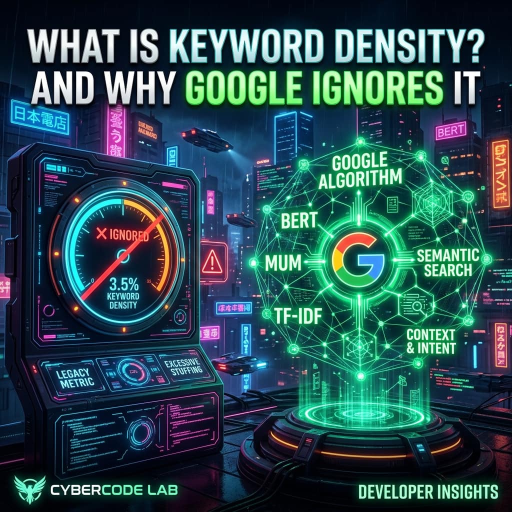 A dashboard gauge reading 3.5% keyword density marked ignored and legacy metric, beside a semantic search network of BERT, MUM and context signals