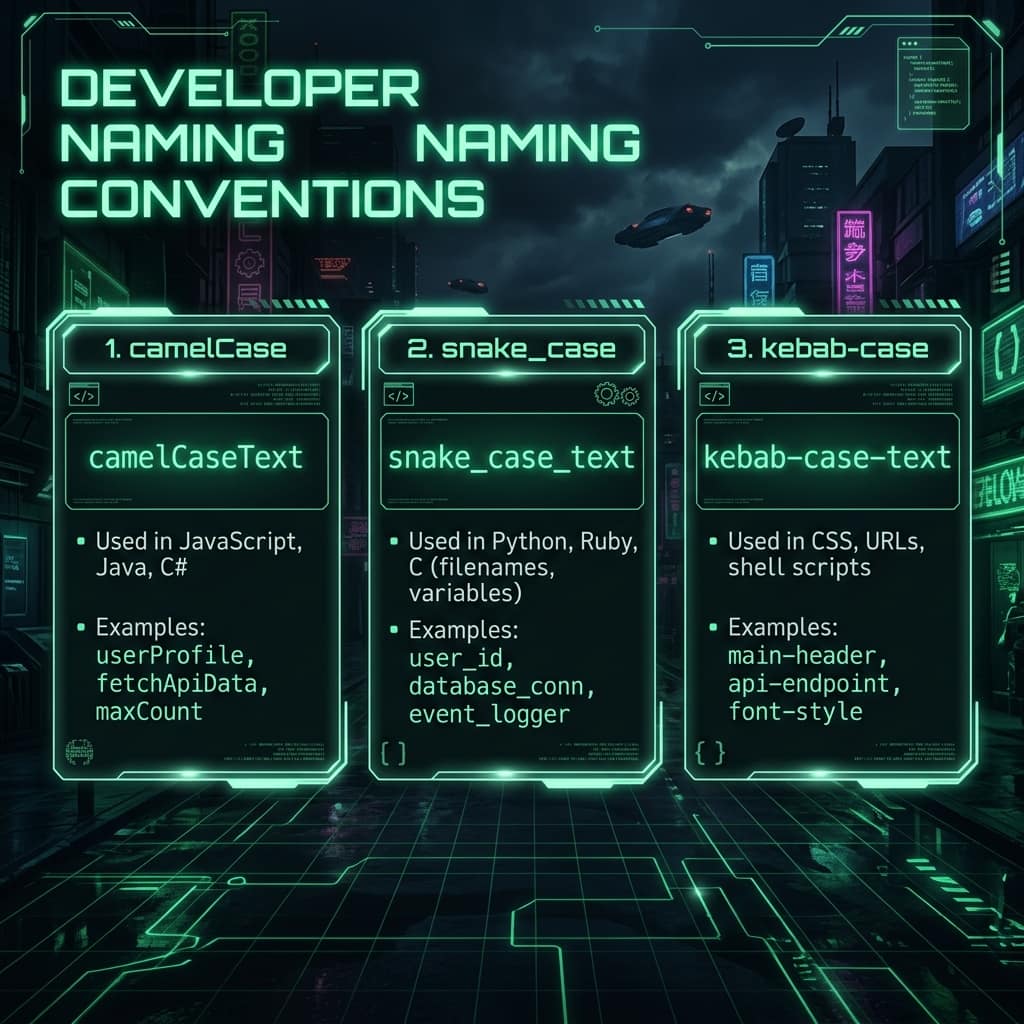 Three panels comparing camelCase used in JavaScript, snake_case used in Python, and kebab-case used in CSS and URLs, with example identifiers