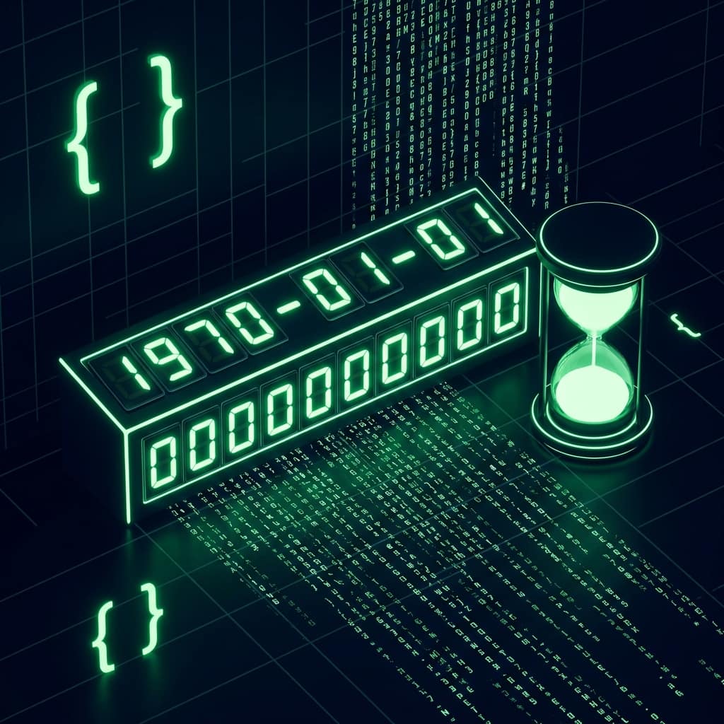 A neon digital display reading 1970-01-01 above a row of zeros with an hourglass, representing the Unix epoch zero point — why Unix time starts in 1970