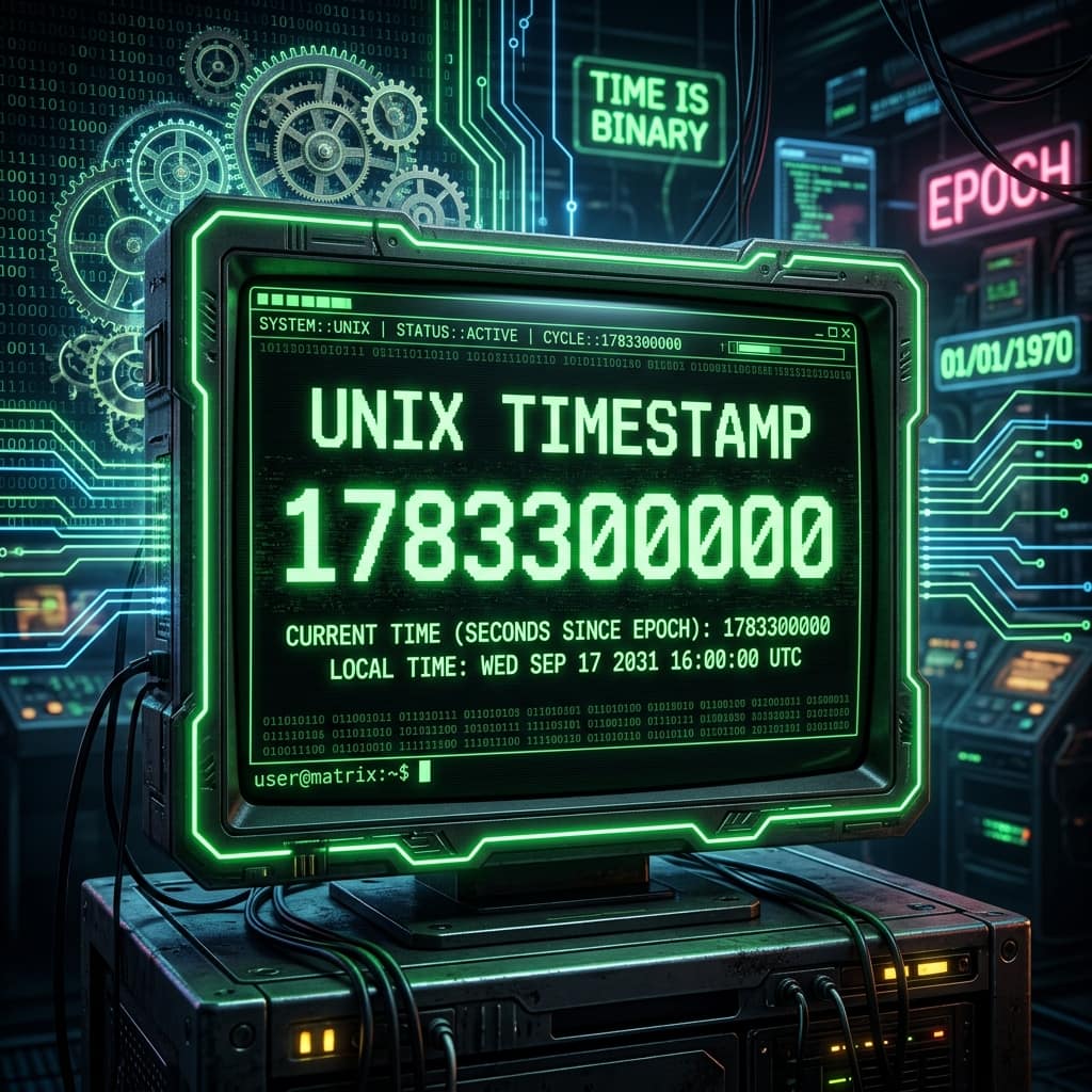Retro green terminal displaying a Unix timestamp counter with epoch 01/01/1970 and binary time concepts — Unix timestamp explained