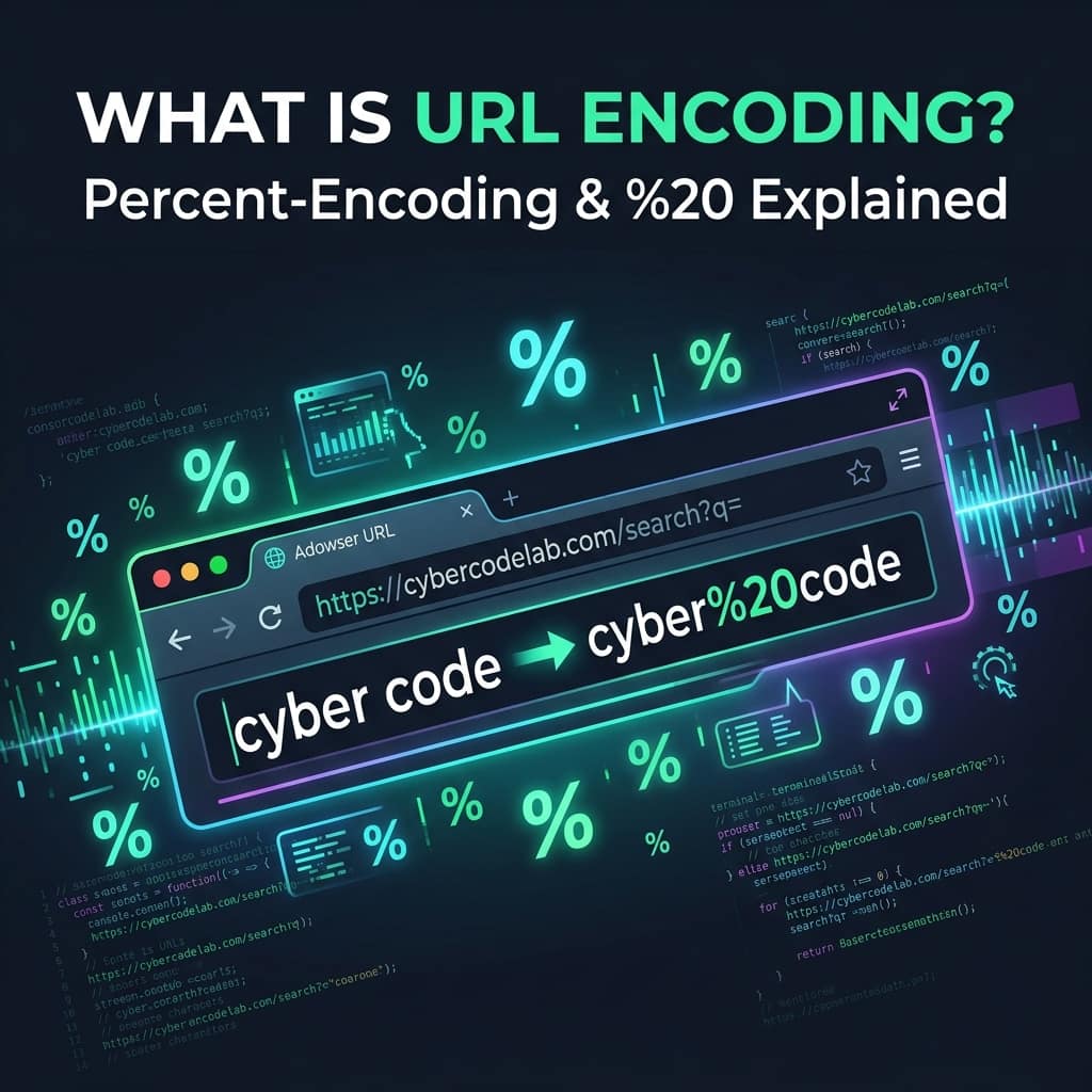 Browser address bar showing the text 'cyber code' being URL-encoded into 'cyber%20code', with percent symbols floating around — what is URL encoding and %20
