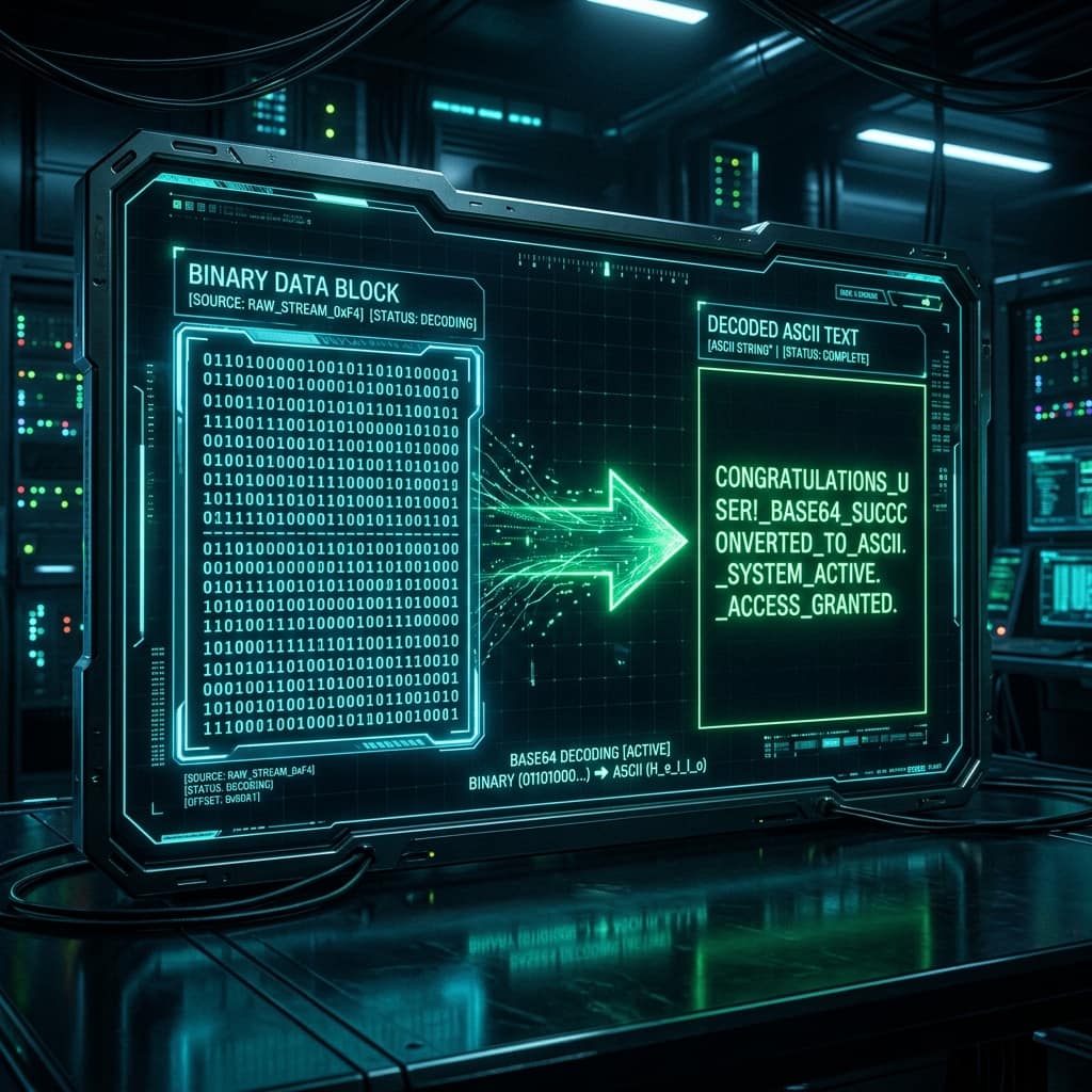 Binary data block being decoded into readable ASCII text on a futuristic screen — how Base64 encoding converts data to text