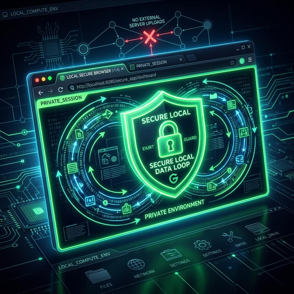 Cyberpunk browser interface with shield and secure local data loop — no server uploads
