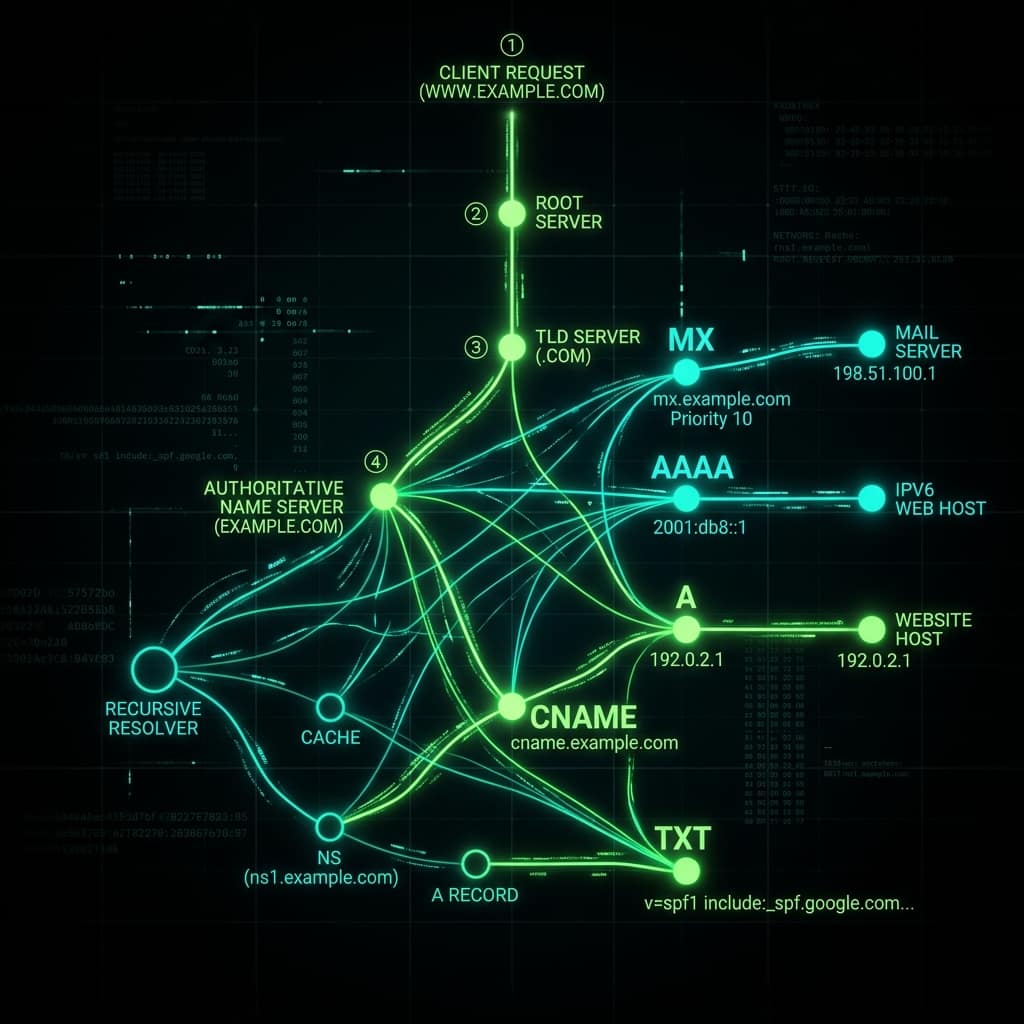 DNS resolution diagram showing client request flowing through root, TLD and authoritative name servers to A, AAAA, CNAME, MX and TXT records