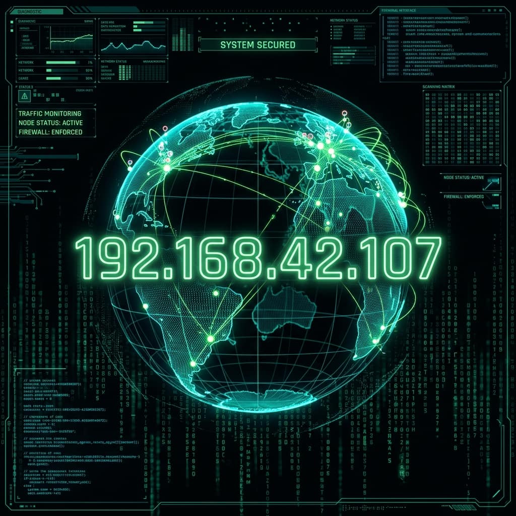 Glowing globe with network nodes and the private IP address 192.168.42.107 on a dark terminal dashboard — what your IP address reveals about your location and provider