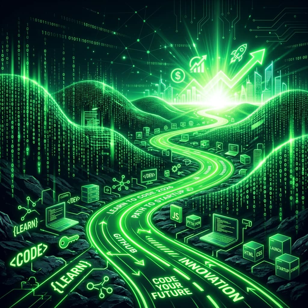 Glowing matrix-style road with CODE and LEARN labels — learn to code roadmap 2026