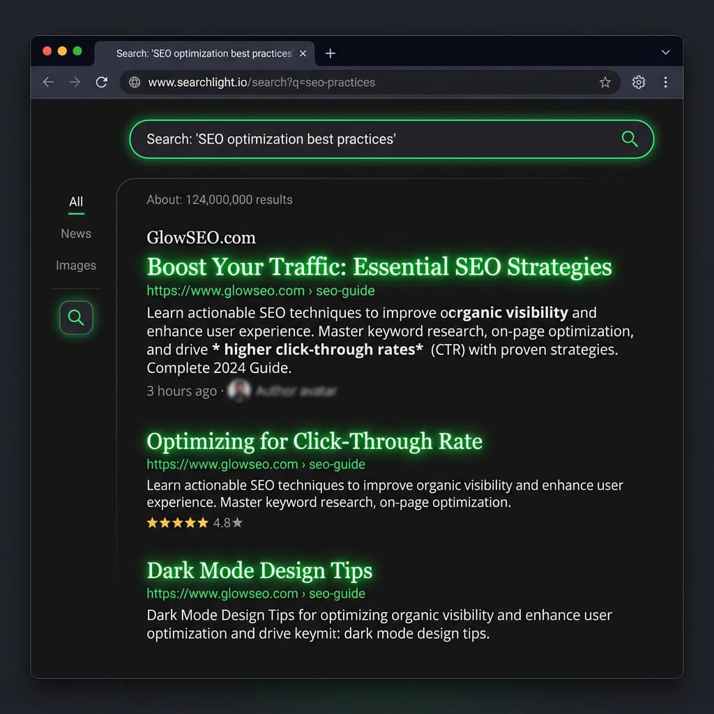 Search engine results page showing title tags, meta descriptions and star ratings — writing meta titles that earn clicks
