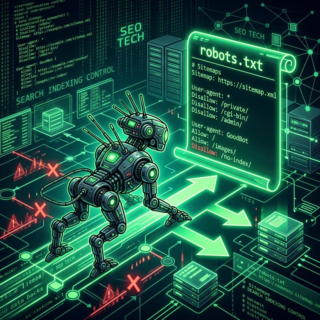 Search engine crawler robot reading a robots.txt file with User-agent, Disallow and Sitemap rules — how robots.txt controls crawling