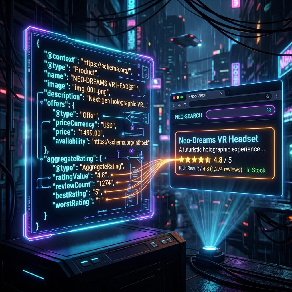 Product JSON-LD schema markup with price and aggregateRating transforming into a Google rich result with 4.8 star rating — structured data in action