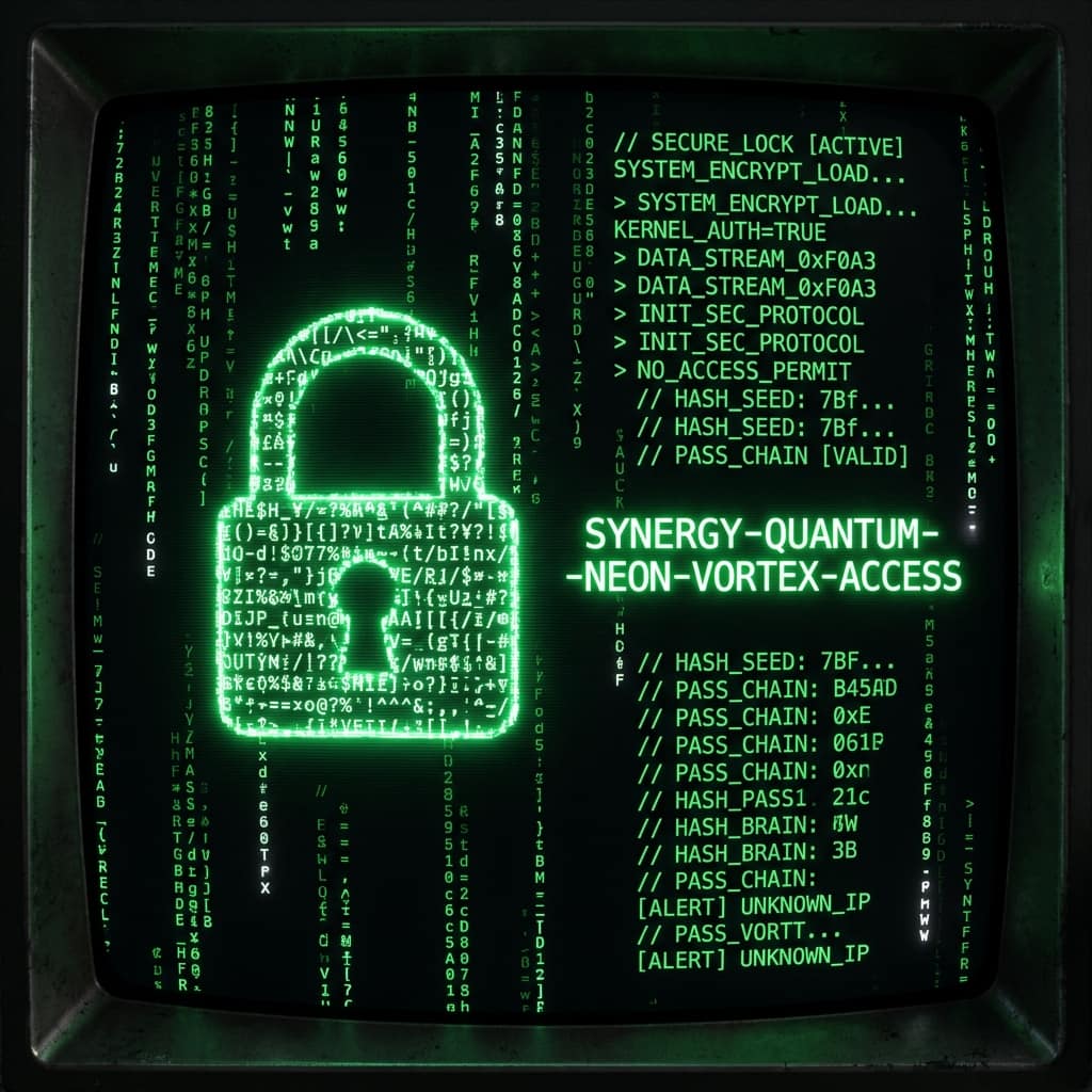 Glowing padlock built from random password characters beside the passphrase SYNERGY-QUANTUM-NEON-VORTEX-ACCESS on a retro terminal — how to create a strong password