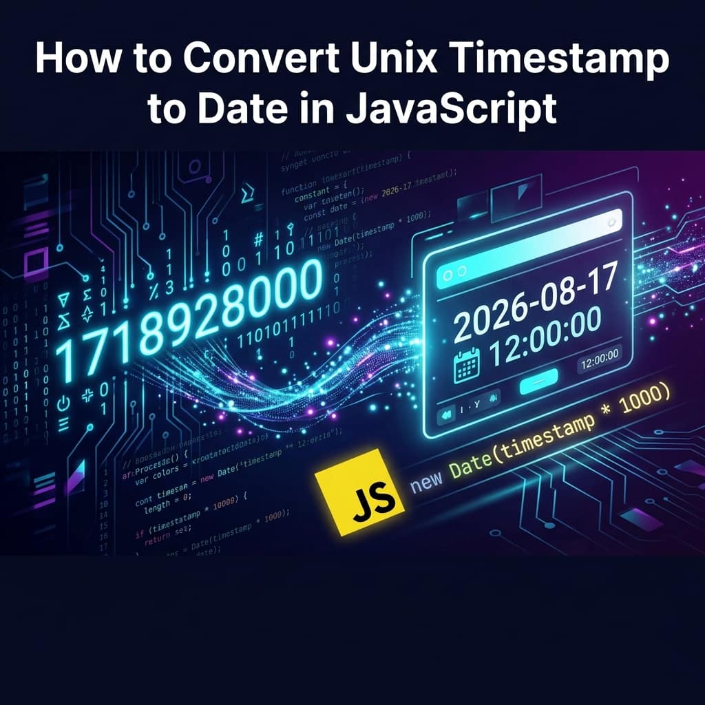 Converting a Unix timestamp to a date in JavaScript: a glowing 10-digit timestamp flows into a formatted date panel beside the code new Date(timestamp * 1000)
