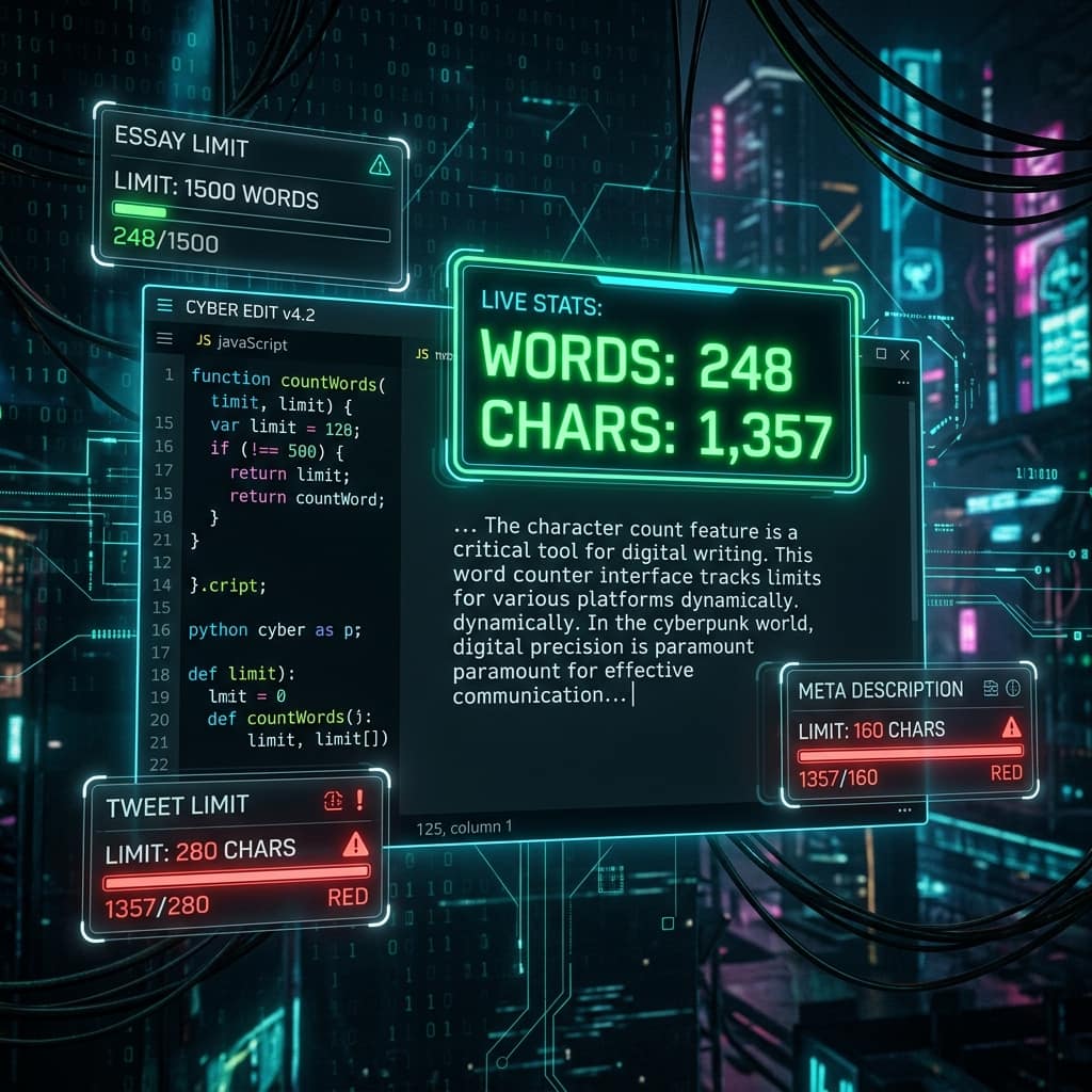 Writing app showing live word and character counts beside essay, tweet and meta description limit gauges — word count limits for every platform