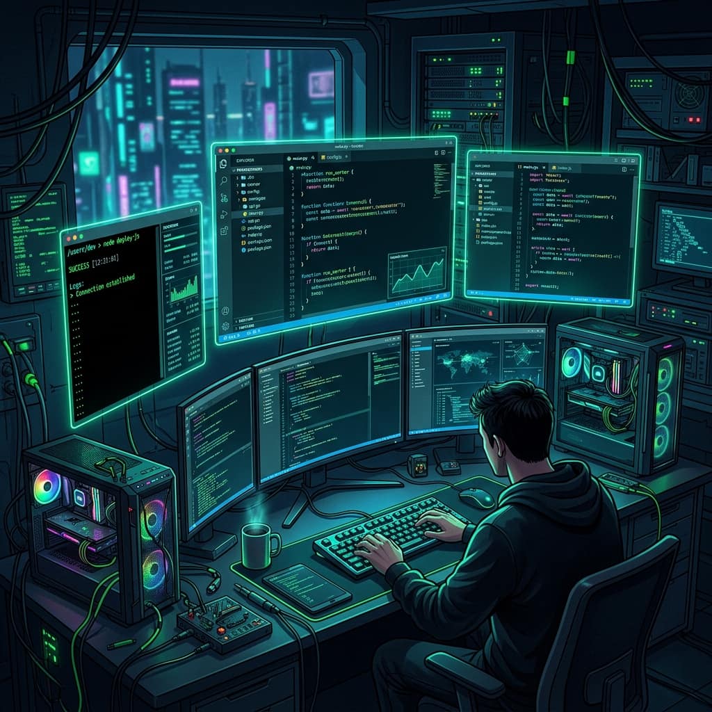 Cyberpunk developer at multi-monitor setup with neon green terminal interface — CyberCodeLab free developer tools