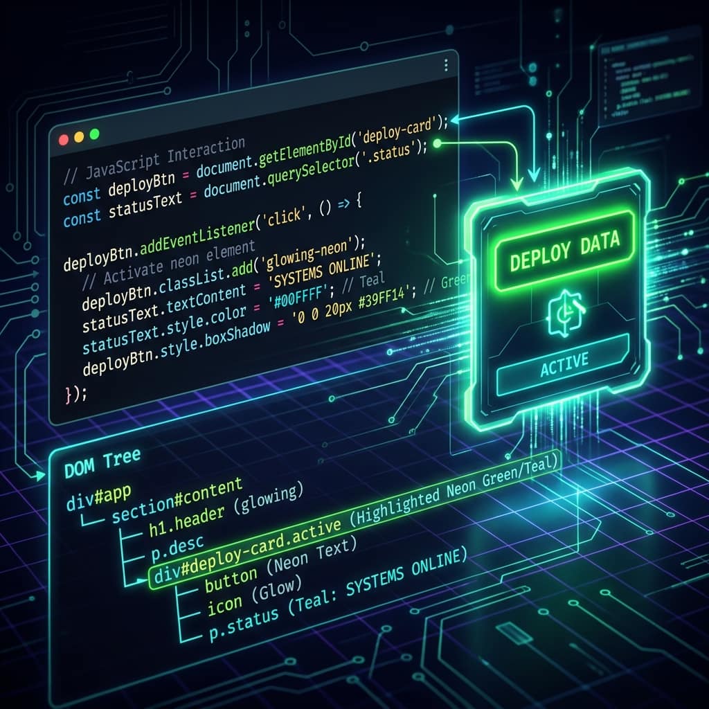 JavaScript DOM manipulation diagram — getElementById, addEventListener code and DOM tree updating a neon interactive button