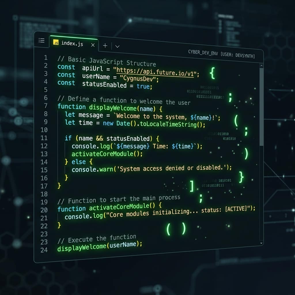 Code editor showing basic JavaScript structure with const variables, functions and console.log — JavaScript basics tutorial for beginners