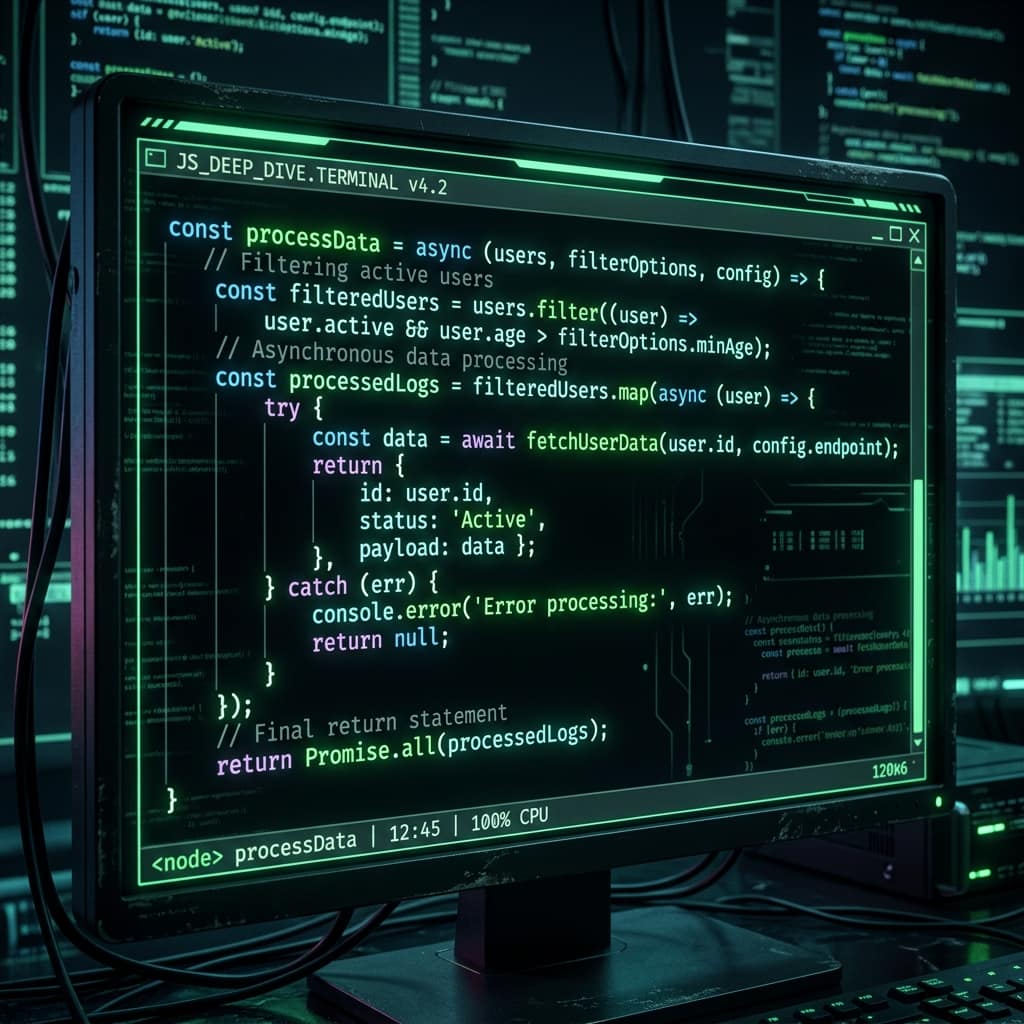 Code editor showing a JavaScript function with parameters, filter and map calls, try-catch and return statements — functions deep dive tutorial