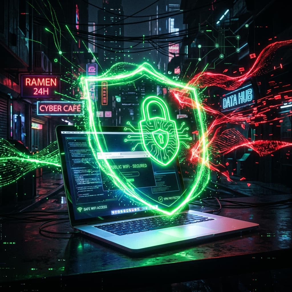 Laptop at a cyber café protected by a glowing security shield and padlock — public Wi-Fi safety with VPN protection